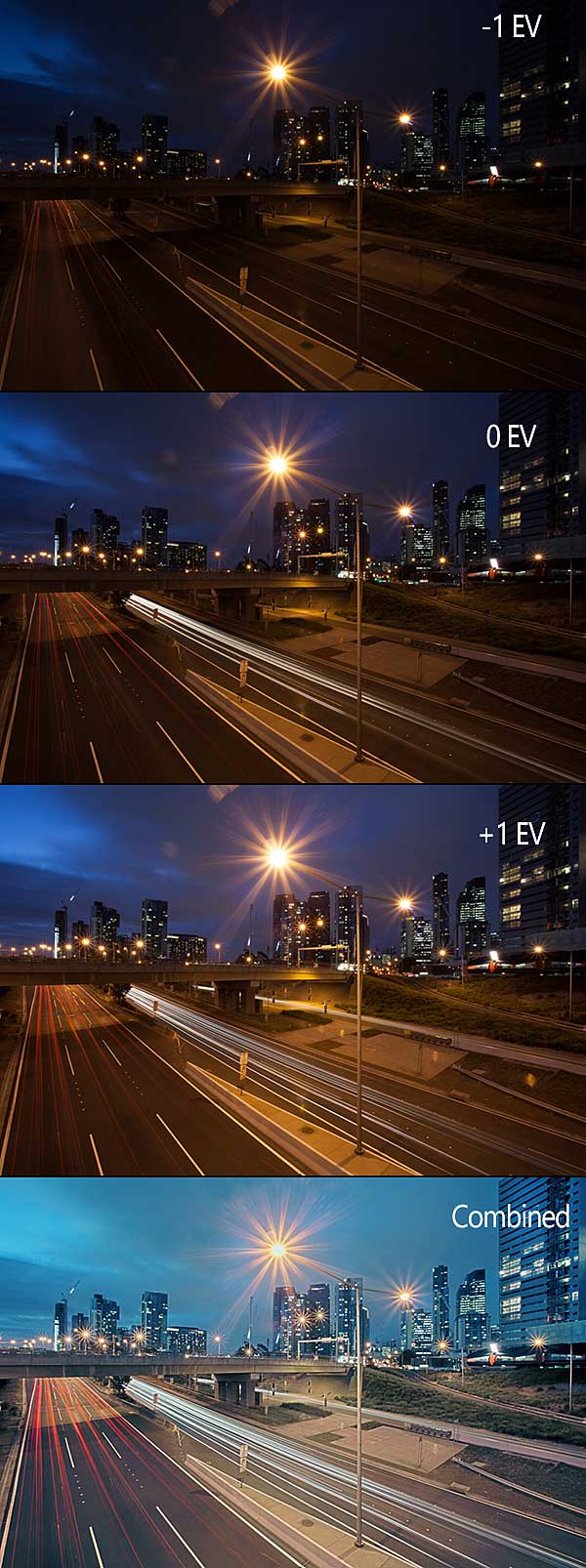 An under exposed (-1 EV), neutral exposed (0 EV), over exposed (+1 EV) and final image with all exposures combined