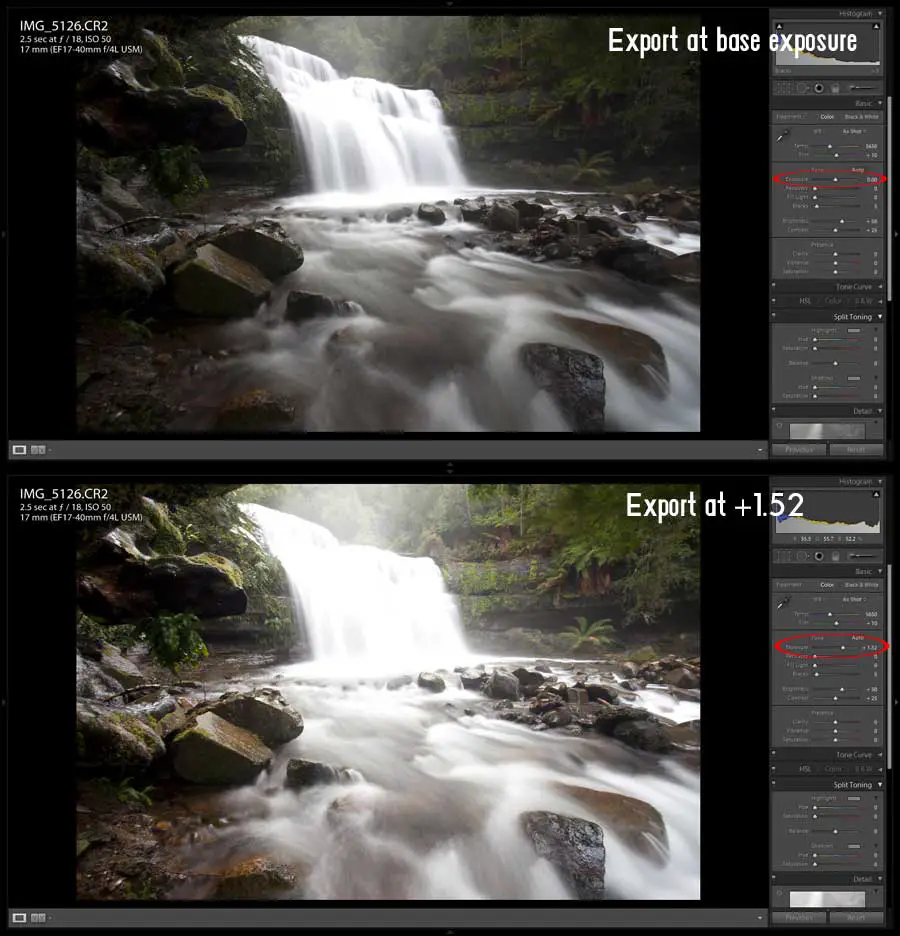 The two images used for blending in Photoshop. One at a neutral exposure and another 1.52 stops over exposed