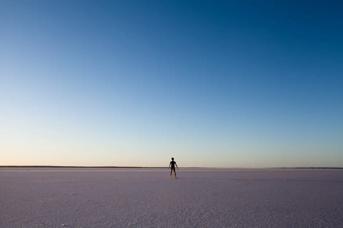 Feeling tiny on the vast Lake Hart salt lake.